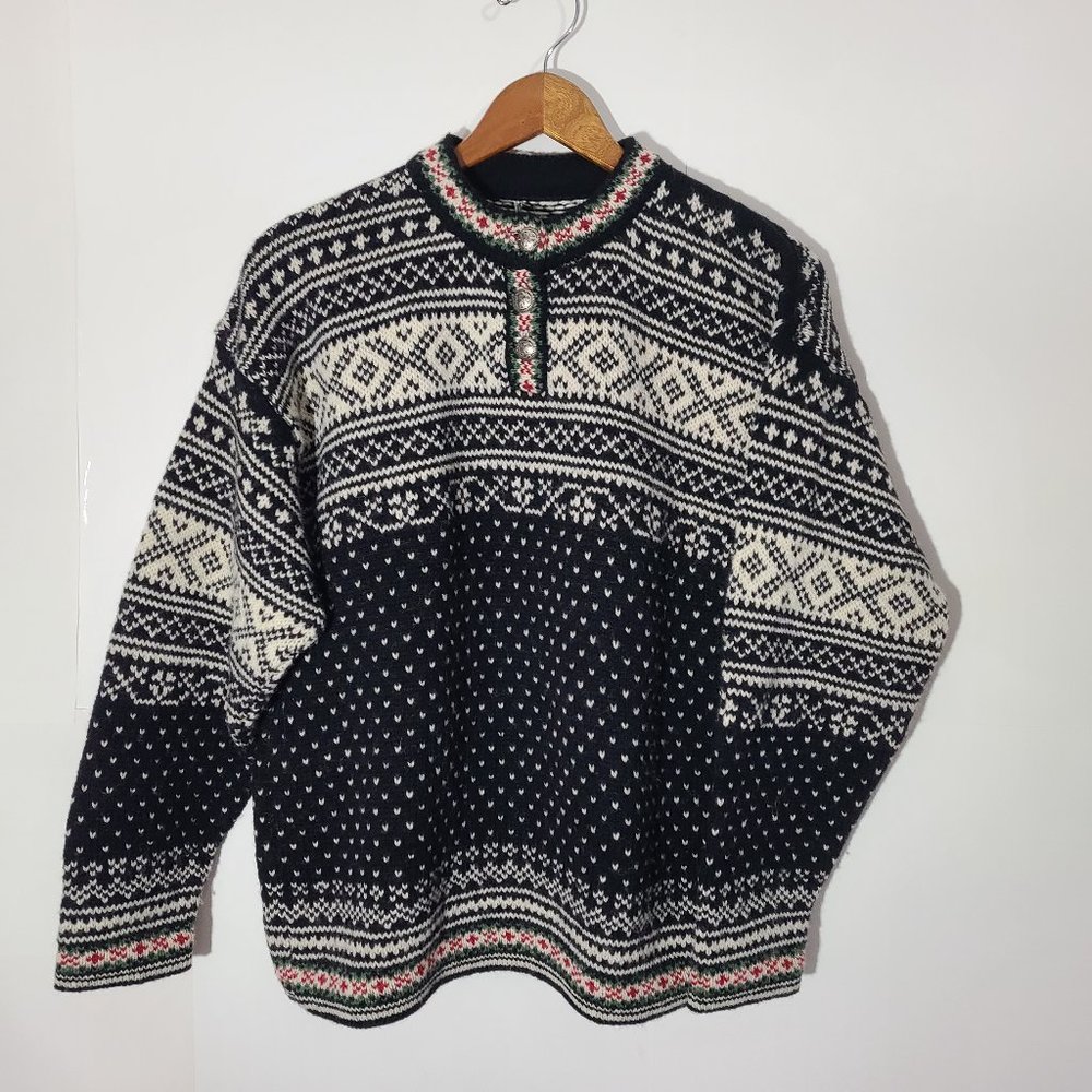 Vtg LL Bean Snowflake 85% Wool Button Up Women's Christmas Sweater Size Large